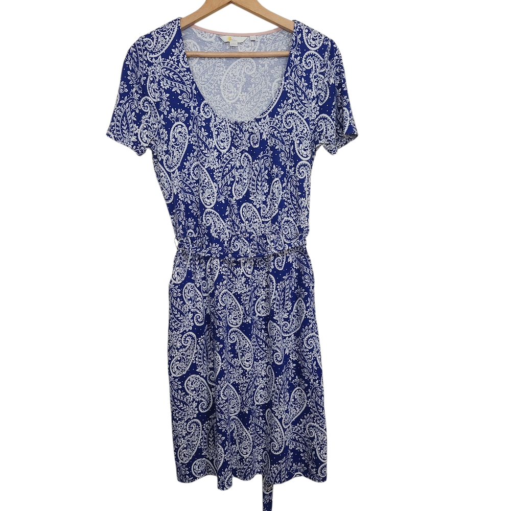 Boden‎ Elspeth Royal Blue White Paisley Midi Dress Pockets Waist Tie Size 8